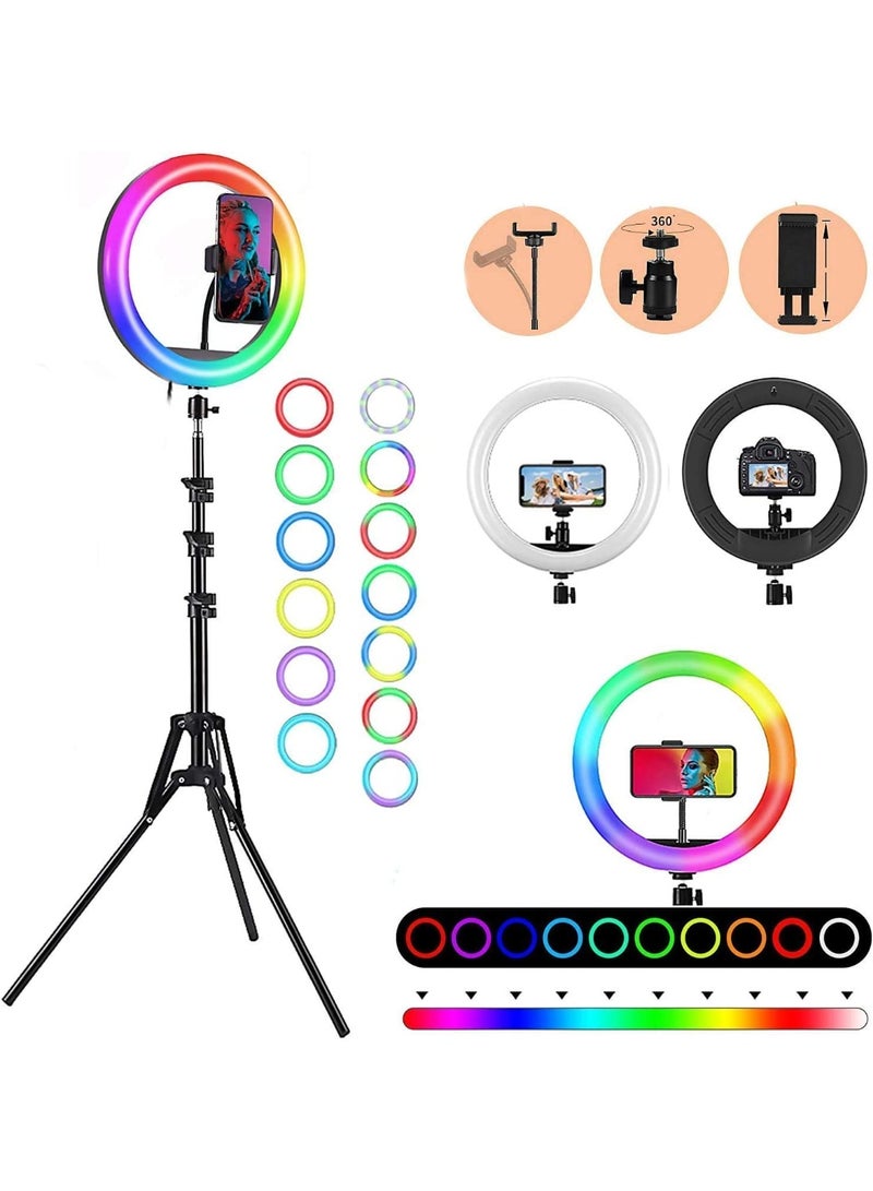 Professional 12-inch RGB Ring Light with 8-Feet Extendable Tripod Stand - Dimmable LED Circle Light with Phone Holder for Vlogging and Streaming - Image 1